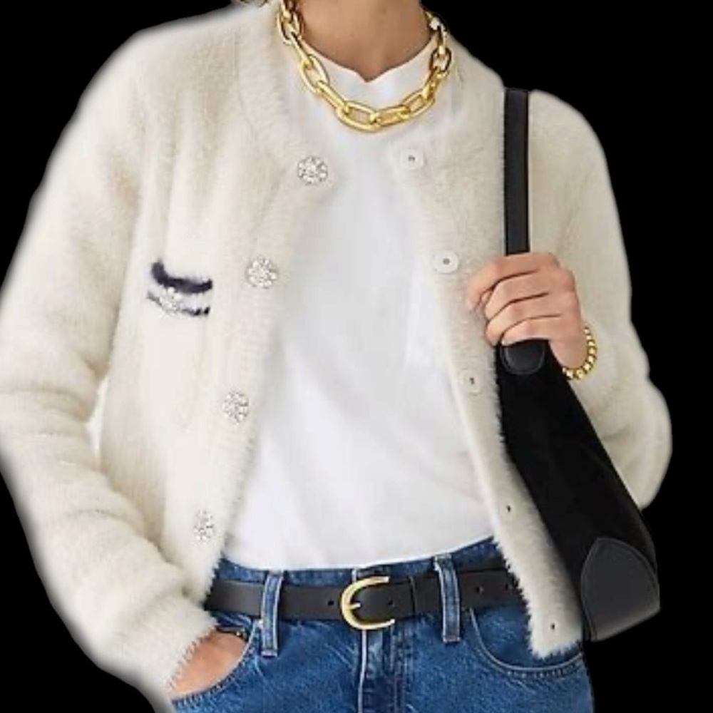 J Crew Sweater Lady Jacket/Cardigan in Light Bone & Navy Brushed Yarn